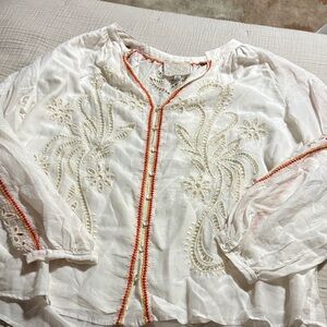 Johnny Was Cream Blouse with Red Embroidery